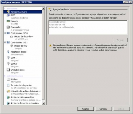 Figura 4: Opciones de configuraci�n de una m�quina Hyper-V.