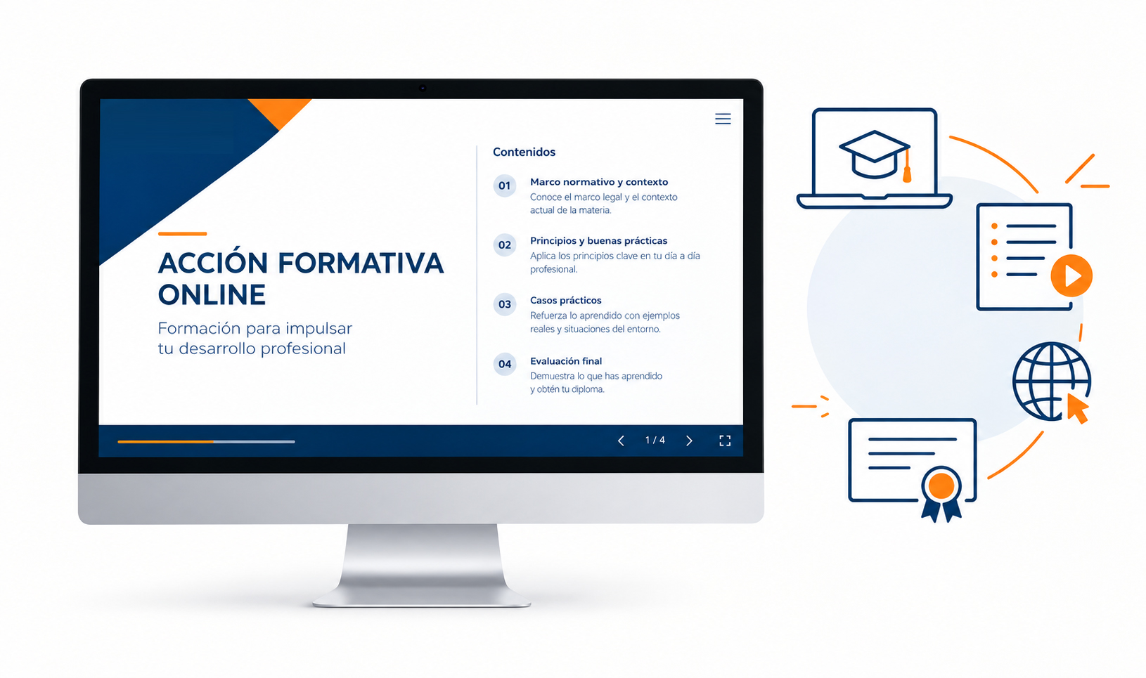 Acción formativa online Acción formativa online de PFS Grupo mostrada en un ordenador, con contenidos sobre formación y diplomas.