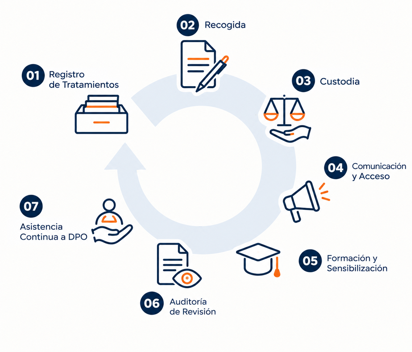 Fases del servicio de protección de datos y DPO Infografía sobre el servicio de protección de datos y DPO, con siete fases: registro de tratamientos, recogida, custodia, comunicación y acceso, formación, auditoría y asistencia continua.